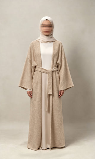 Lang open mantelvest met ceintuur, beige, wijde mouwen en V-hals