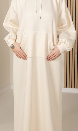 Lange beige hoodie met capuchon, koordjes en kangoeroezak, lange mouwen