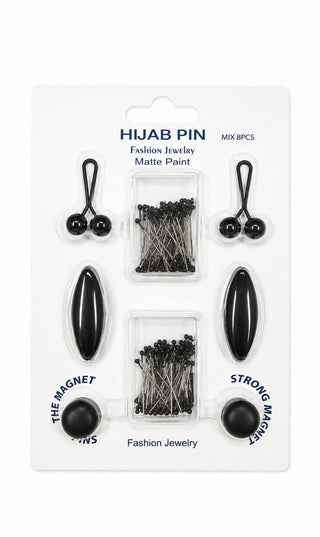 Zwarte hijab speldenset met magneten en 8 pins op kaart, inclusief kraaltjes en naaldjes