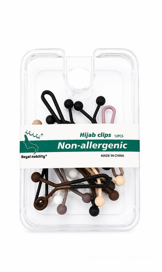 Set matte hijabclips van kunststof in doorzichtige verpakking, met 12 kleurenvarianten.