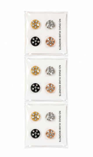 Diamant hijab magneten set met zes ronde strass-magneetjes in goud, zilver en zwart