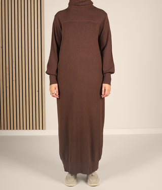 Long Knitted Raglan Abaya  - Chocolate