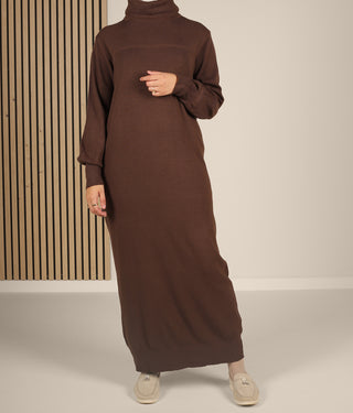 Long Knitted Raglan Abaya  - Chocolate