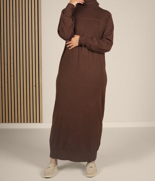 Long Knitted Raglan Abaya  - Chocolate