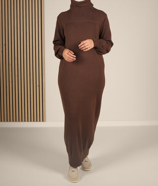 Long Knitted Raglan Abaya  - Chocolate