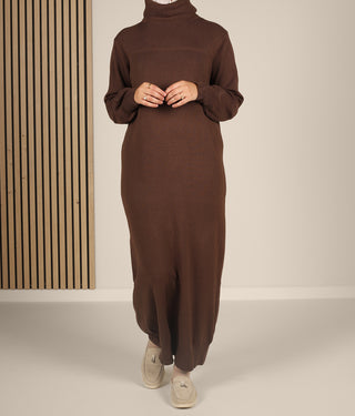 Long Knitted Raglan Abaya  - Chocolate