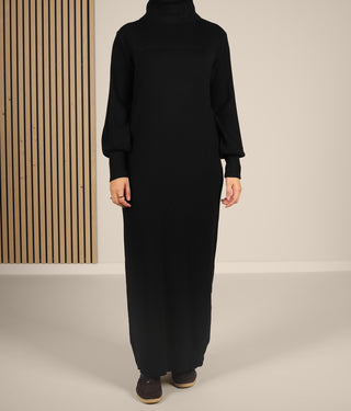 Long Knitted Raglan Abaya  - Zwart