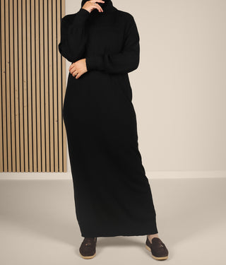 Long Knitted Raglan Abaya  - Zwart