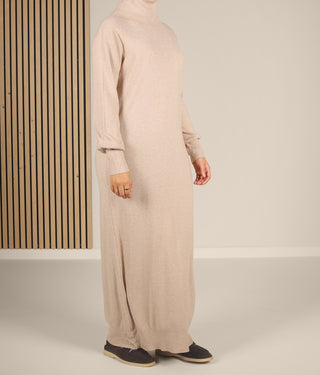 Long Knitted Raglan Abaya  - Soft Taupe