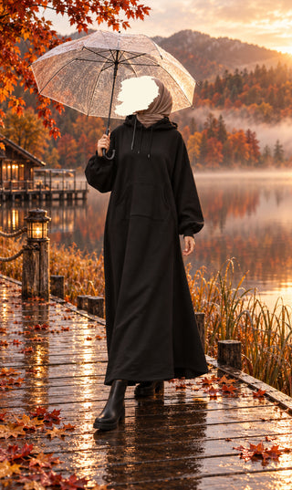 Zwarte lange hoodie met capuchon en kangoeroezak, voorpand met wijde pasvorm