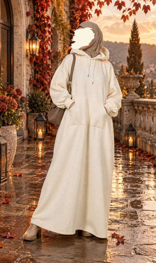 Lange beige hoodie met capuchon en trekkoord, lange mouwen en voorzak