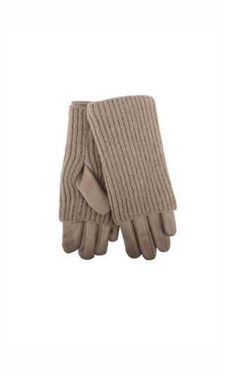 Taupekleurige gebreide winterhandschoenen met geribde manche en vijf vingers