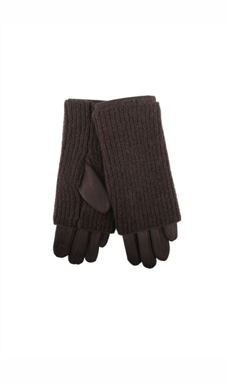 Winterhandschoenen van donkerbruine gebreide stof met geribde boorden en vijf vingers