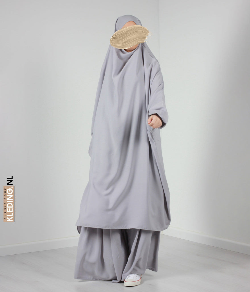 2 Parçalı Arkadan Bağlamalı Jilbab Elast. Bilek - Açık Gri