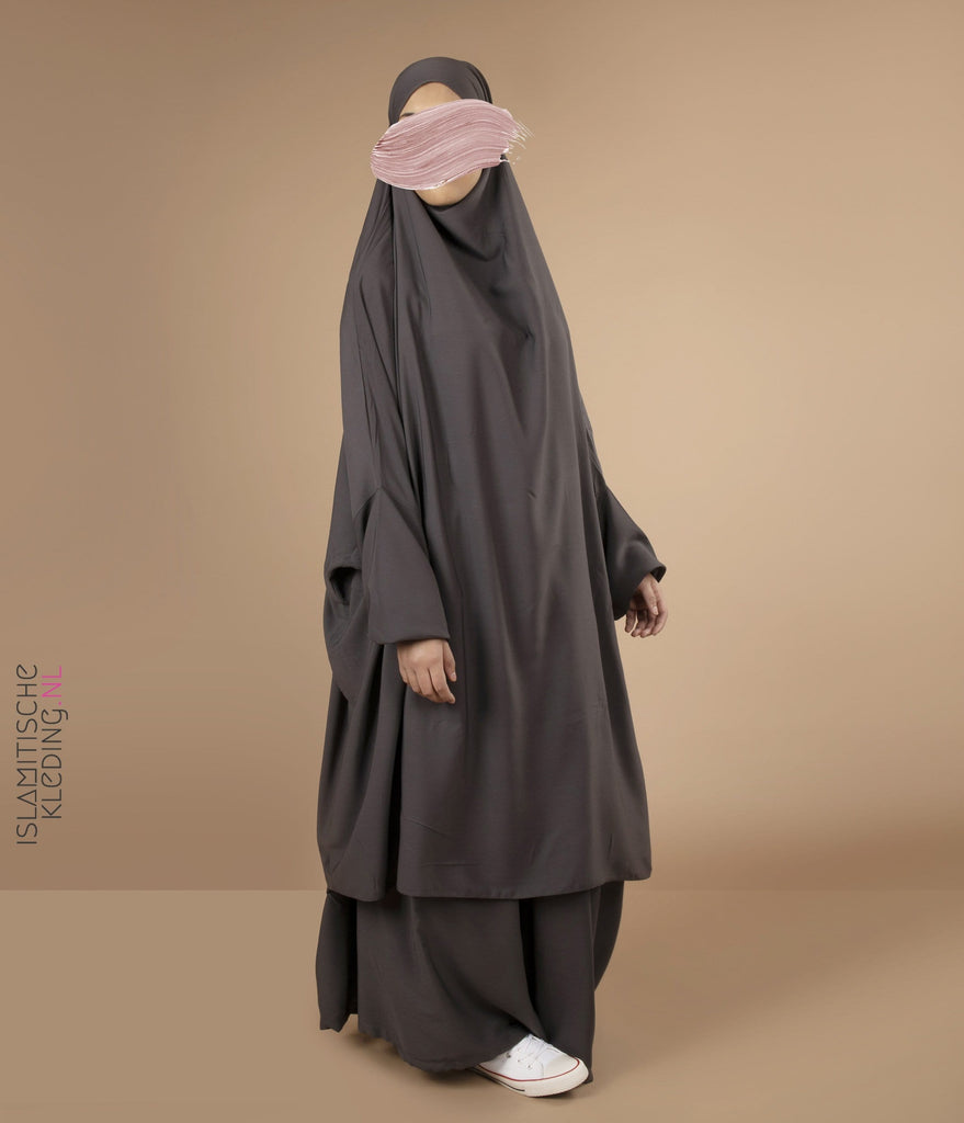 2 Parçalı Arkadan Bağlamalı Jilbab Elast. Bilekler - Kül